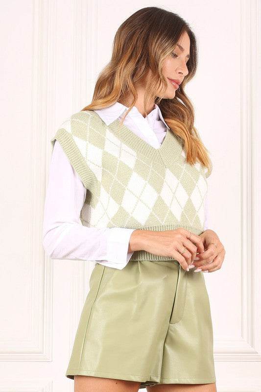 Lilou Knitted Argyle V-Neck Sleeveless Stretch Sweater Vest - Rosa Apparel