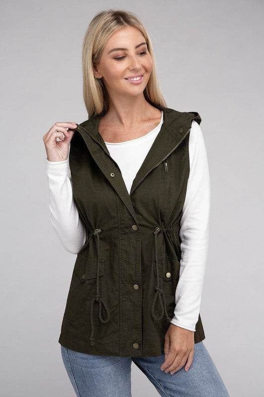 Zenana Drawstring Waist Sleeveless Military Hoodie Vest - Rosa Apparel
