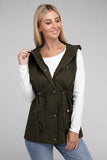 Zenana Drawstring Waist Sleeveless Military Hoodie Vest - Rosa Apparel