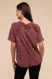 Zenana Back Patch Crinkle Washed Raglan Sleeve T-Shirt - Rosa Apparel