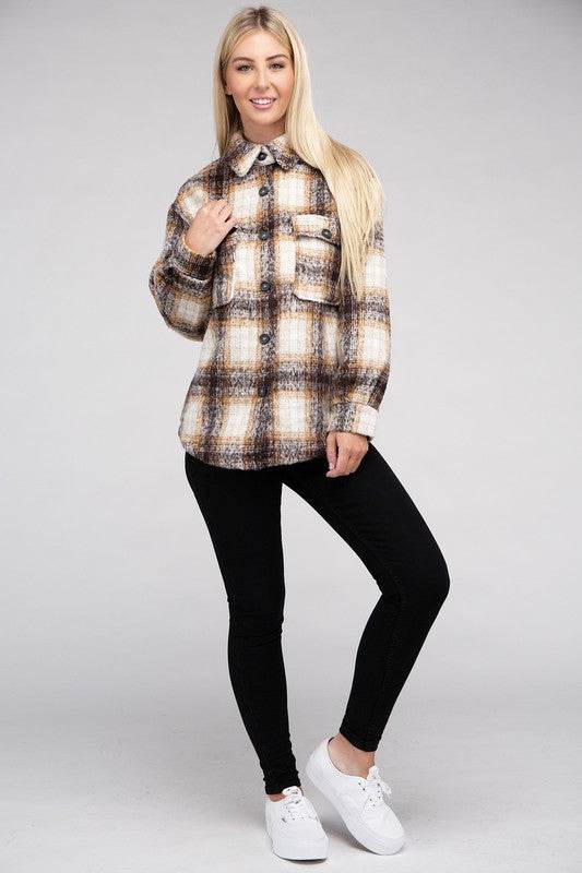 Ambiance Cozy Plaid Flannel Regular Fit Collar Shacket - Rosa Apparel