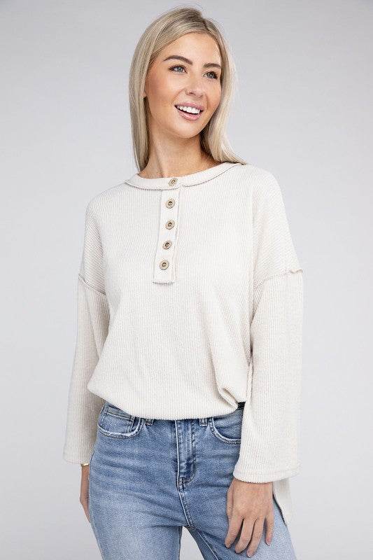 Zenana Ribbed Brushed Melange Hacci Henley Sweater - Rosa Apparel