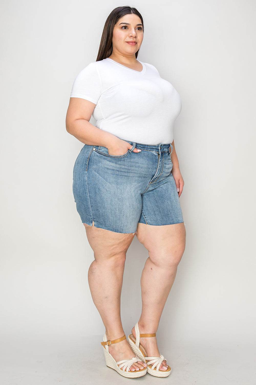 Judy Blue Full Size High Waist Raw Hem Denim Casual Jean Shorts Style #: 15251 - Rosa Apparel