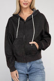 Zenana Acid Wash Fleece Cropped Zip-Up Hoodie - Rosa Apparel