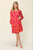 Double Take Full Size Printed Ruffle Hem Long Sleeve Midi Dress - Rosa Apparel