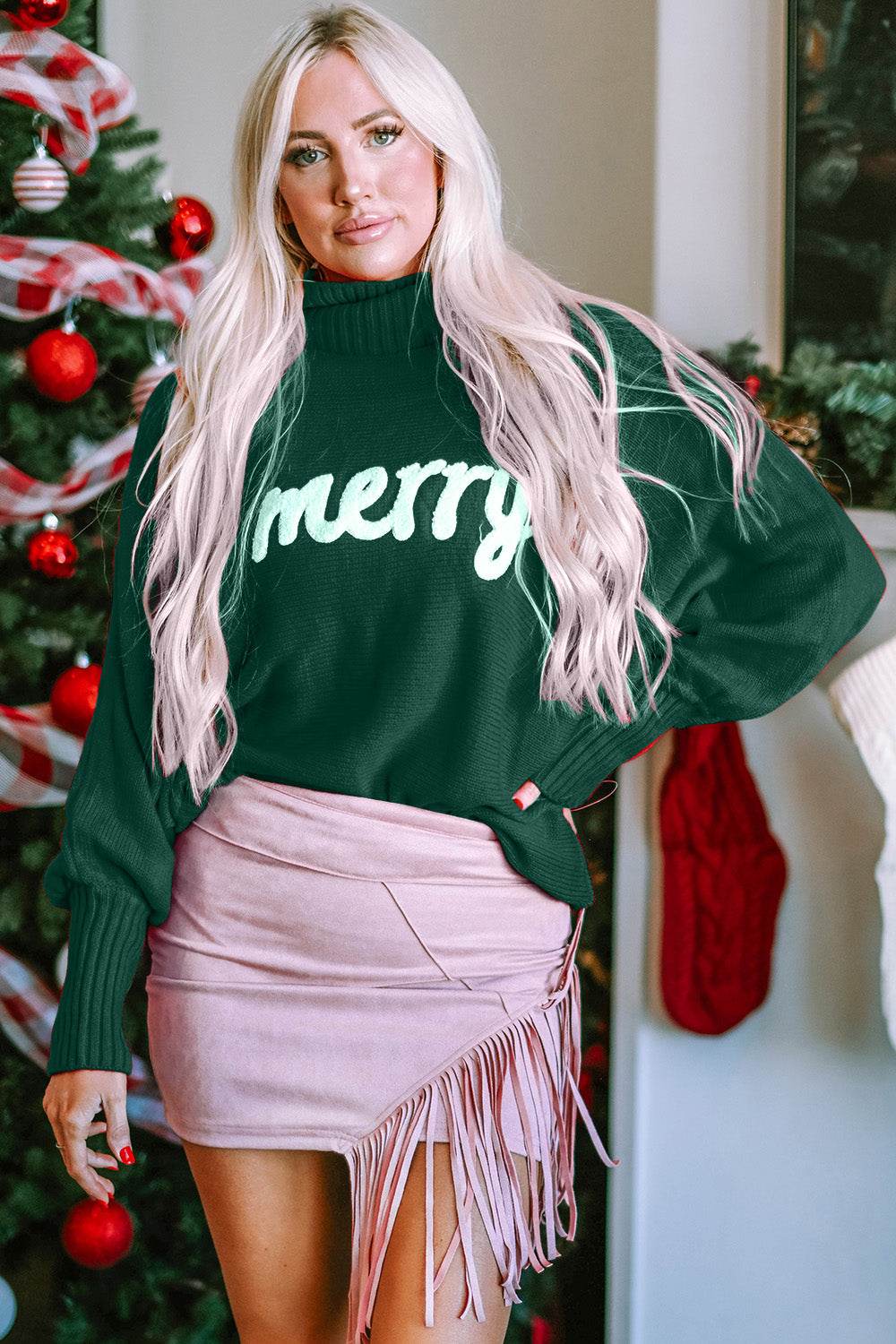 Double Take Full Size Merry Christmas Turtleneck Long Sleeve Sweater - Rosa Apparel