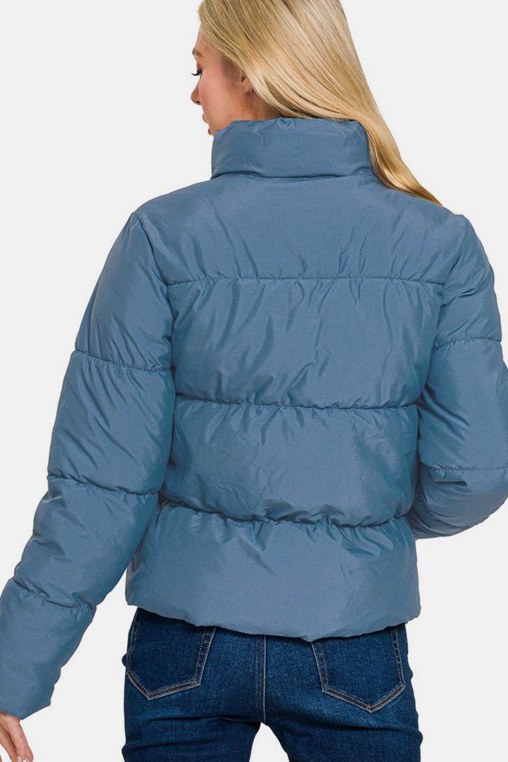Zenana Zip Up Turtleneck Puffer Jacket with Pockets - Rosa Apparel