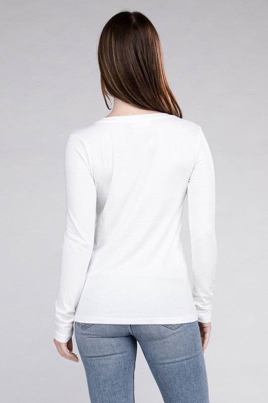 Zenana Cotton V-Neck Long Sleeve T-Shirt - Rosa Apparel
