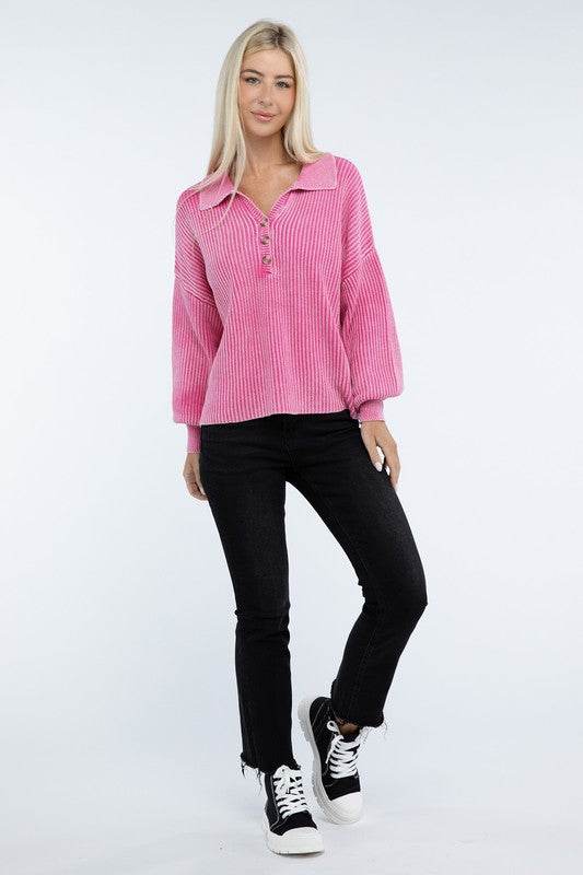 Zenana Washed Collared Henley Hip Length Sweater - Rosa Apparel