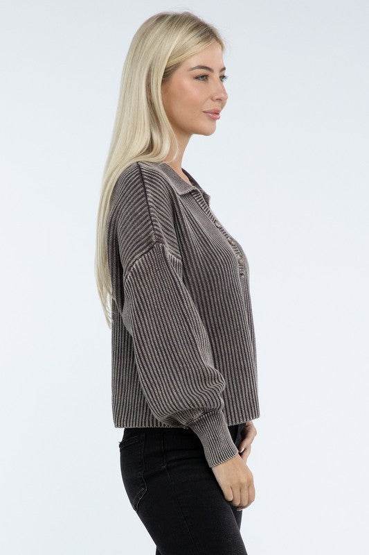 Zenana Washed Collared Henley Hip Length Sweater - Rosa Apparel