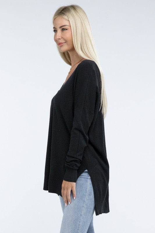 Zenana Hi-Low Hem Front Seam V-Neck Sweater - Rosa Apparel