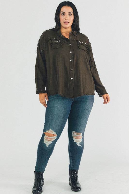 Davi & Dani Plus Distressed Hem Button Down Oversize Shirt - Rosa Apparel