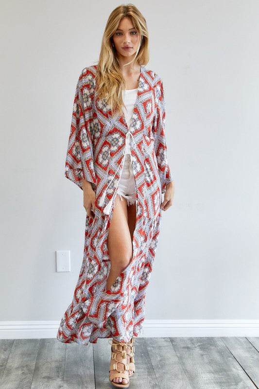 Davi & Dani Printed Long Sleeve Loose Kimono - Rosa Apparel