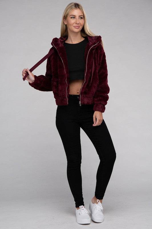 Ambiance Fluffy Zip-Up Teddy Sweater Hoodie - Rosa Apparel