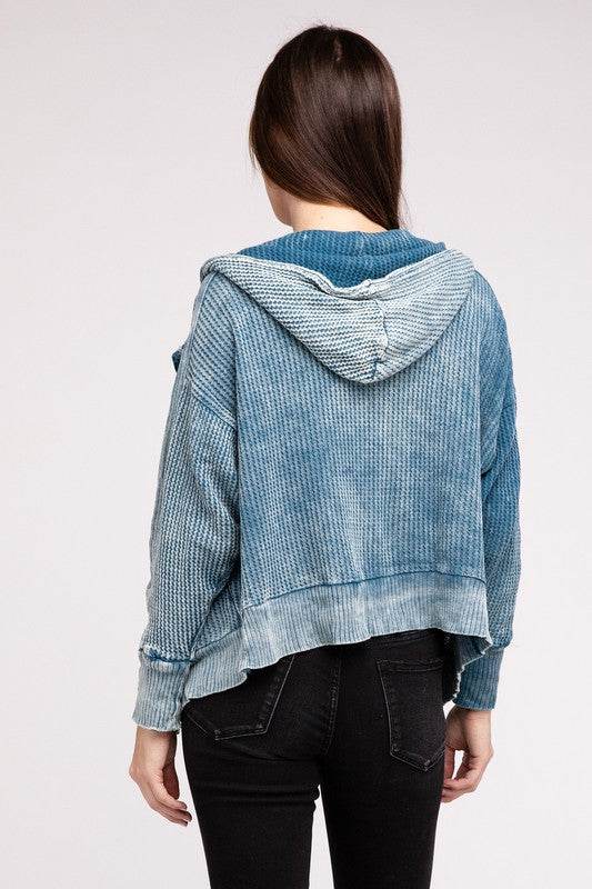 Zenana Acid Wash Cotton Waffle Hooded Zip-Up Jacket - Rosa Apparel