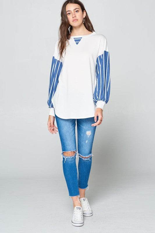 Super Lady Full Size French Terry Striped Long Sleeve Top - Rosa Apparel