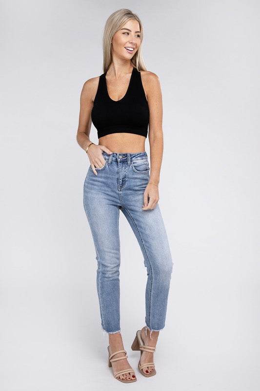 Zenana Sporty Ribbed Cropped Racerback V-Neck Sleeveless Tank Top - Rosa Apparel