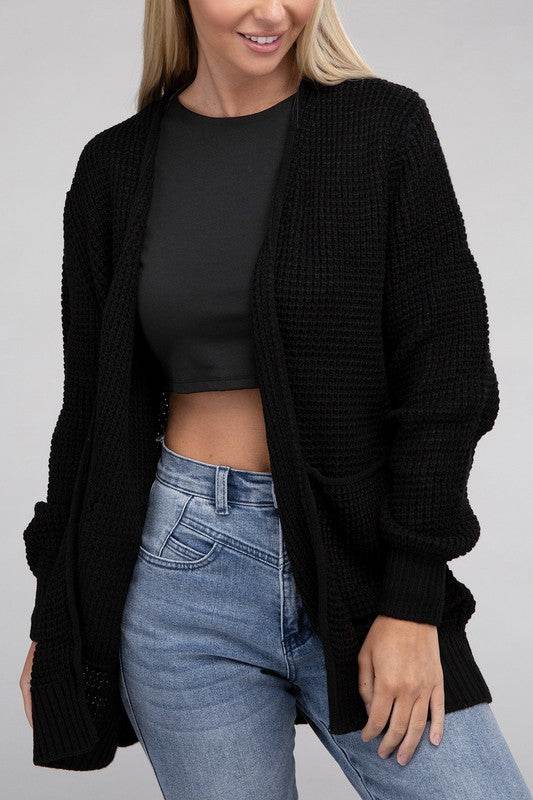 Zenana Low Gauge Waffle Open Cardigan Sweater - Rosa Apparel