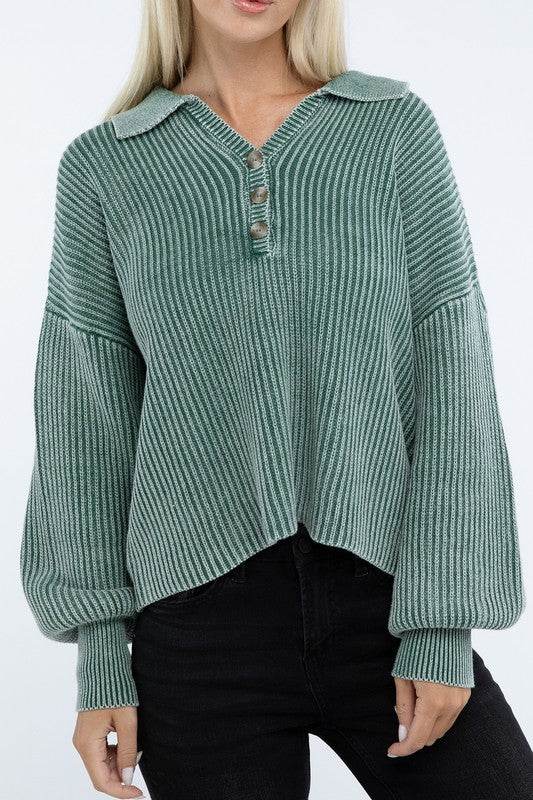Zenana Washed Collared Henley Hip Length Sweater - Rosa Apparel