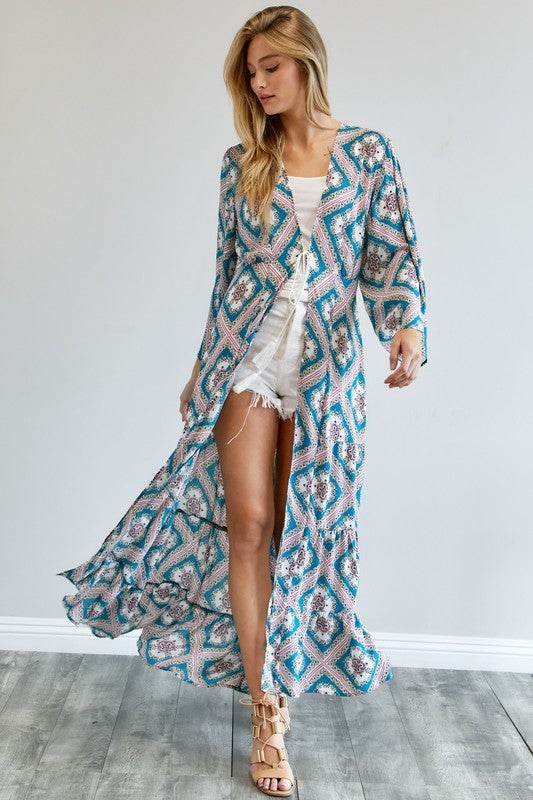 Davi & Dani Printed Long Sleeve Loose Kimono - Rosa Apparel
