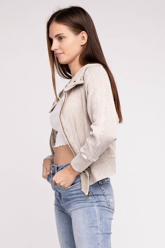 Zenana Acid Wash Cotton Waffle Hooded Zip-Up Jacket - Rosa Apparel