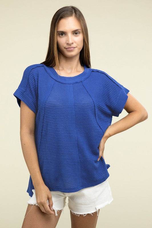 Zenana Brushed Waffle Exposed-Seam Short Sleeve Top - Rosa Apparel