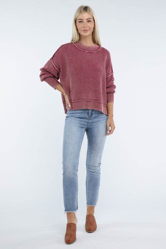 Zenana Washed Side Slit Oversized Cropped Sweater - Rosa Apparel