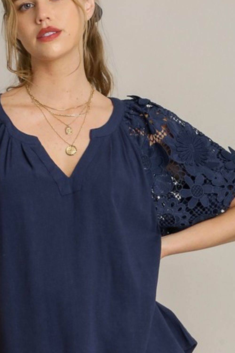 Umgee Full Size French Terry Boxy Cut Top with 3D Floral Sleeve Plus Size - Rosa Apparel