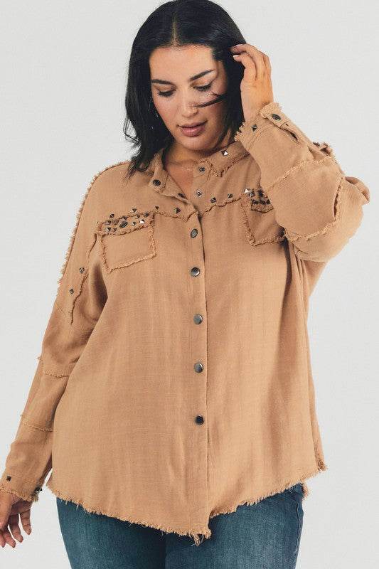 Davi & Dani Plus Distressed Hem Button Down Oversize Shirt - Rosa Apparel