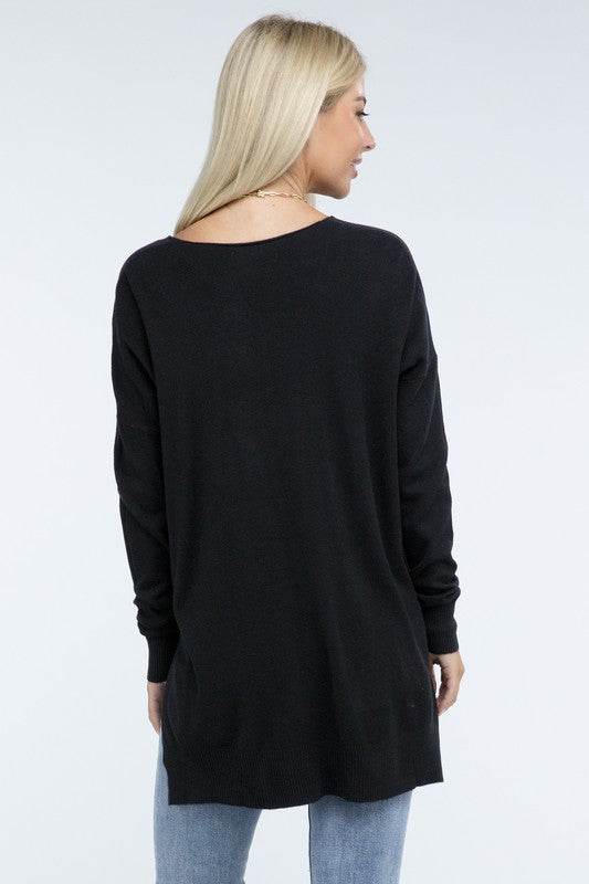 Zenana Hi-Low Hem Front Seam V-Neck Sweater - Rosa Apparel
