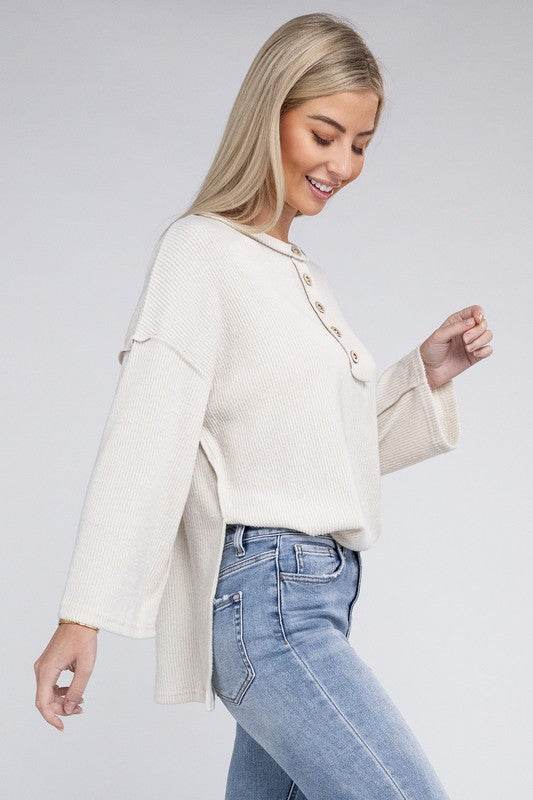 Zenana Ribbed Brushed Melange Hacci Henley Sweater - Rosa Apparel