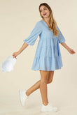 Lilou Gingham Checked Tiered Puff 3/4 Sleeves V-Neck Mini Dress - Rosa Apparel