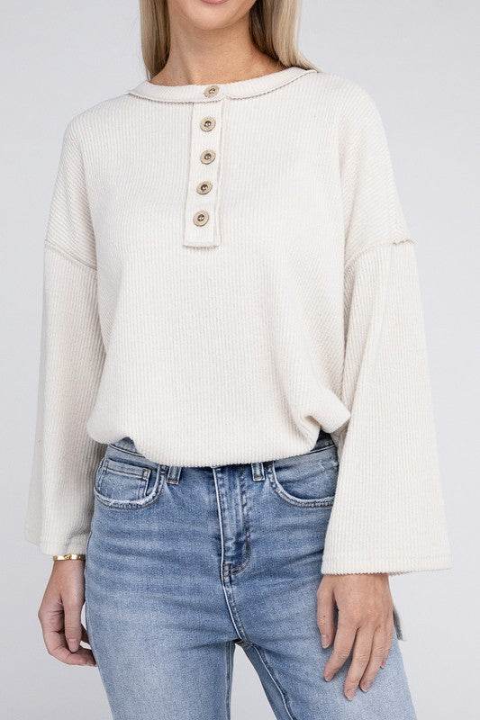 Zenana Ribbed Brushed Melange Hacci Henley Sweater - Rosa Apparel