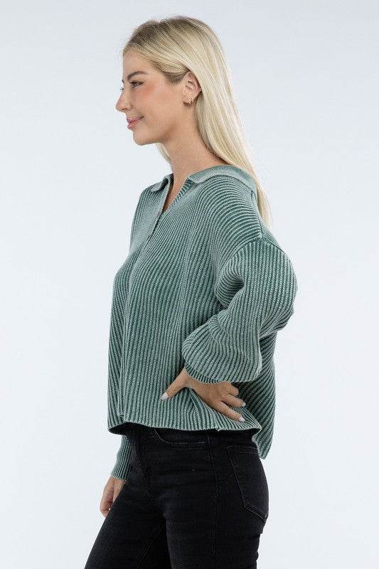 Zenana Washed Collared Henley Hip Length Sweater - Rosa Apparel