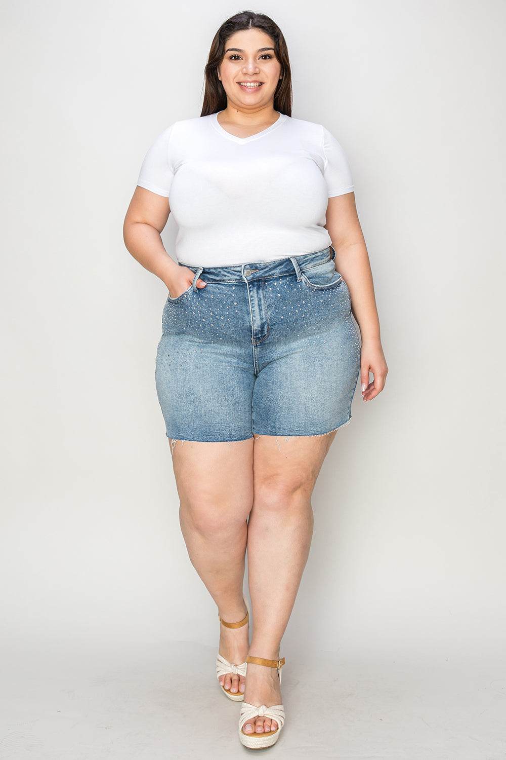 Judy Blue Full Size High Waist Rhinestone Decor Denim Shorts Style #:150274 - Rosa Apparel