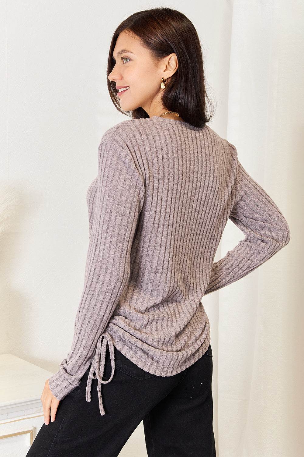 Double Take Drawstring Ribbed Long Sleeve T-Shirt - Rosa Apparel