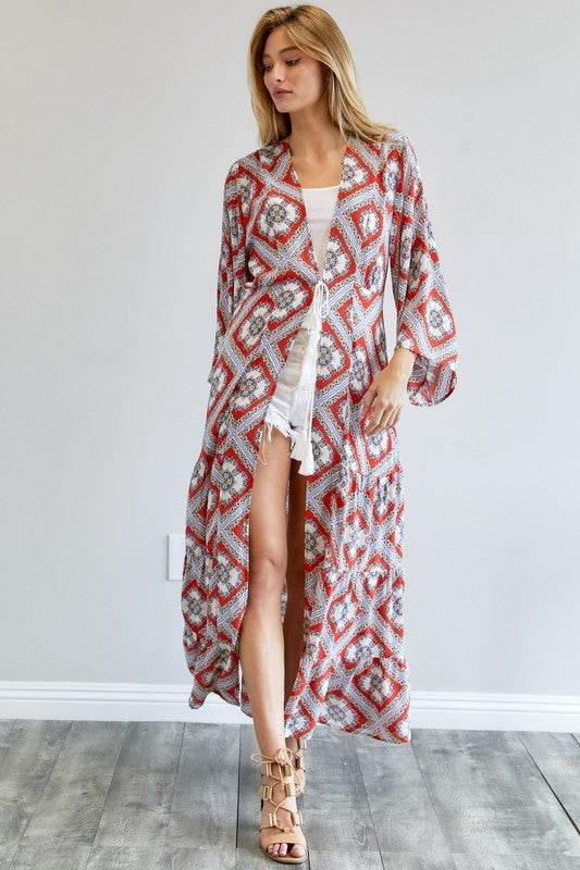 Davi & Dani Printed Long Sleeve Loose Kimono - Rosa Apparel