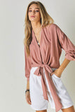 J.NNA Chic Solid V-Neck Long 3/4 Sleeve Tie Front Cropped Top - Rosa Apparel