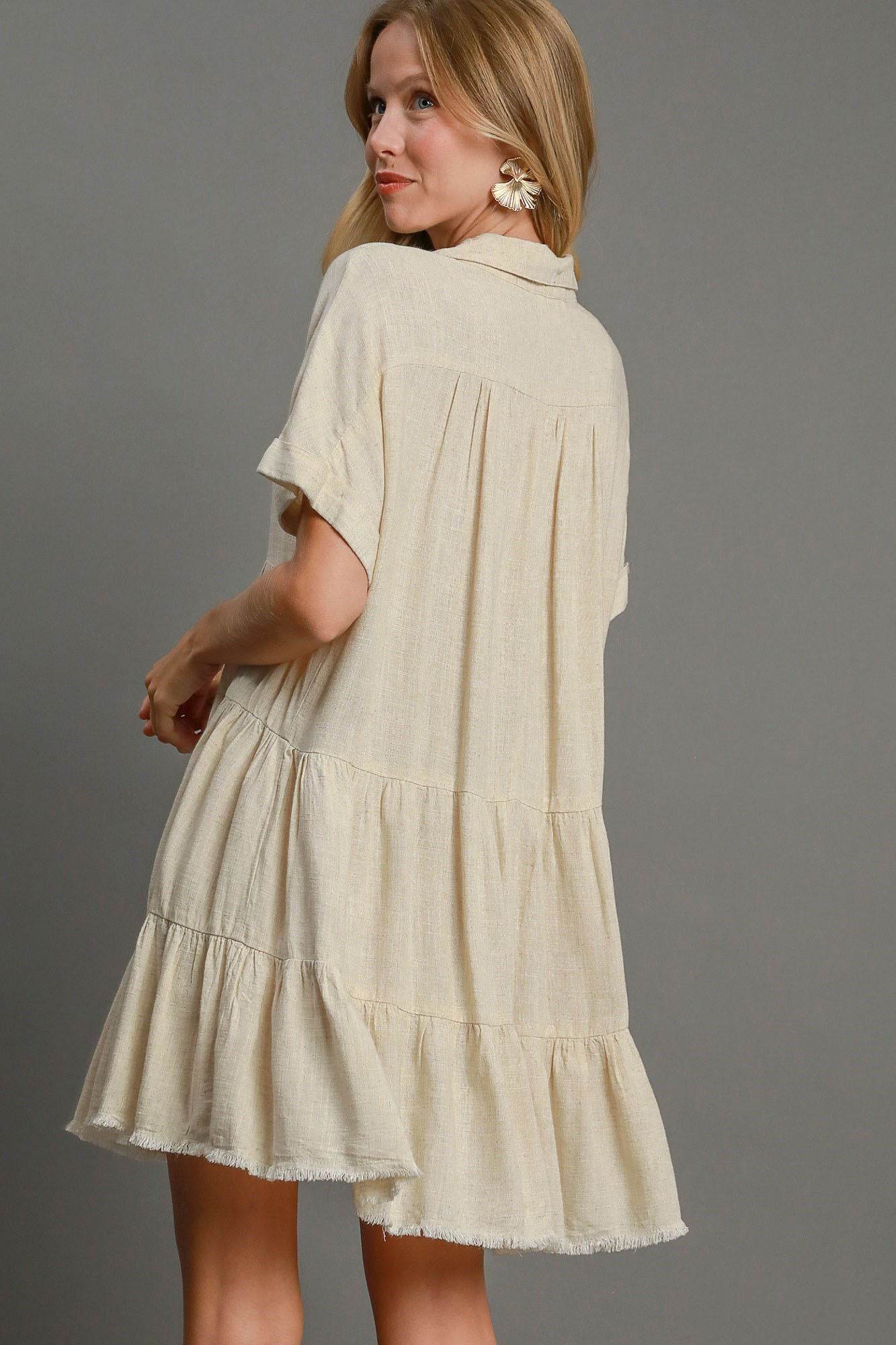 Umgee Full Size Raw Hem Folded Sleeve Tiered Dress Plus Size - Rosa Apparel