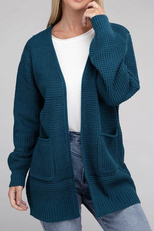 Zenana Low Gauge Waffle Open Cardigan Sweater - Rosa Apparel