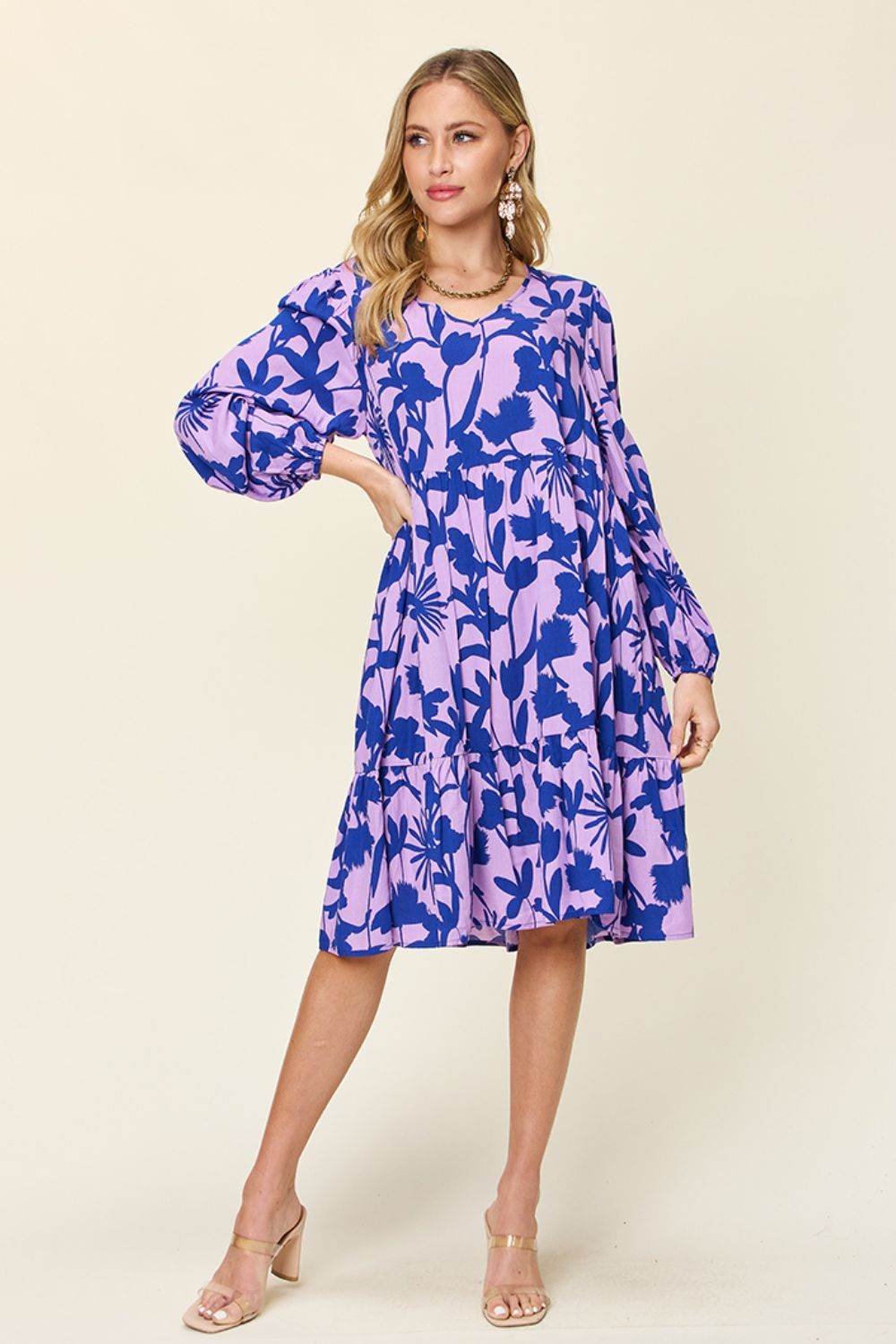 Double Take Full Size Printed Ruffle Hem Long Sleeve Midi Dress - Rosa Apparel