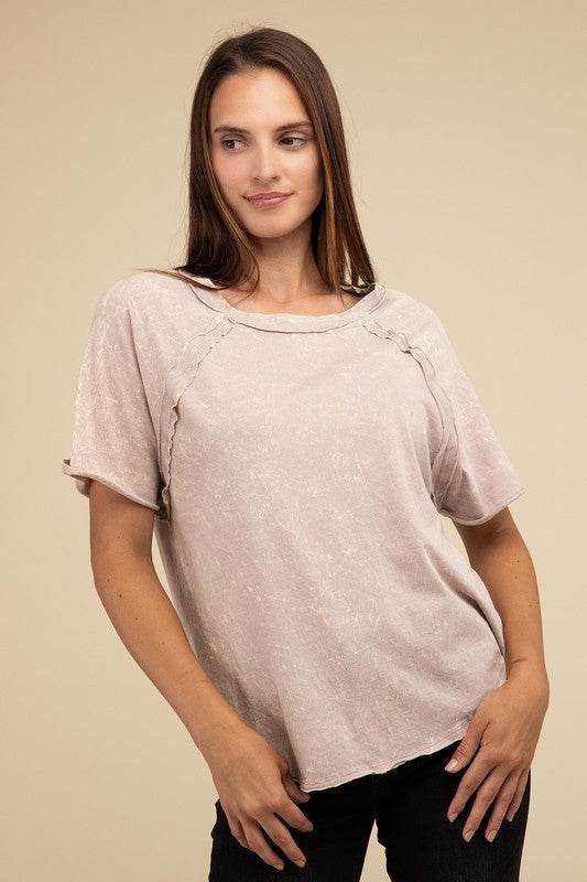 Zenana Back Patch Crinkle Washed Raglan Sleeve T-Shirt - Rosa Apparel
