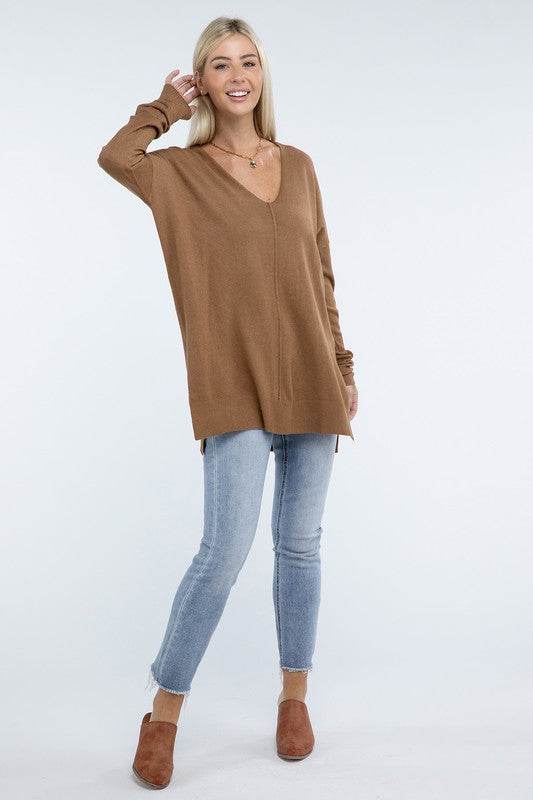 Zenana Hi-Low Hem Front Seam V-Neck Sweater - Rosa Apparel