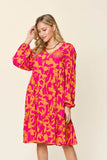 Double Take Full Size Printed Ruffle Hem Long Sleeve Midi Dress - Rosa Apparel
