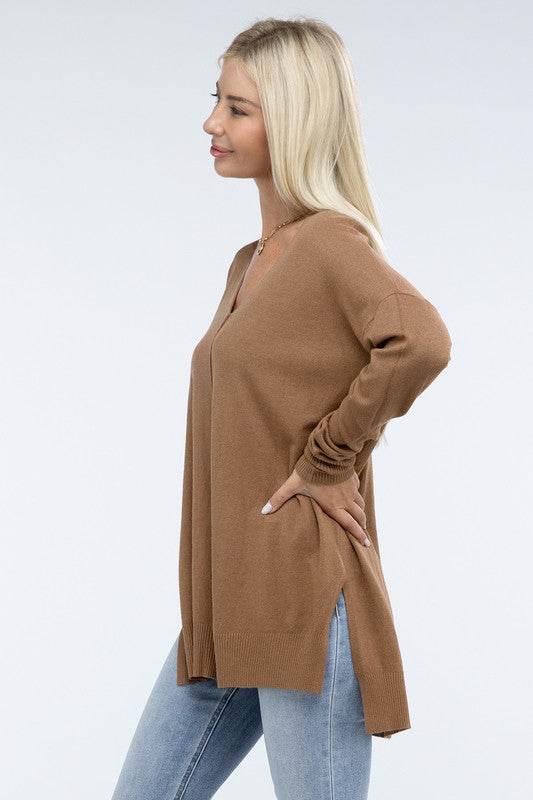 Zenana Hi-Low Hem Front Seam V-Neck Sweater - Rosa Apparel