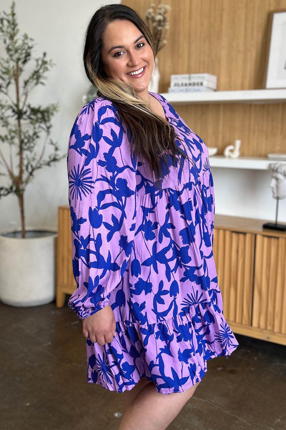 Double Take Full Size Printed Ruffle Hem Long Sleeve Midi Dress - Rosa Apparel