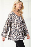 Celeste Full Size Leopard V-Neck Balloon Sleeve Blouse - Rosa Apparel