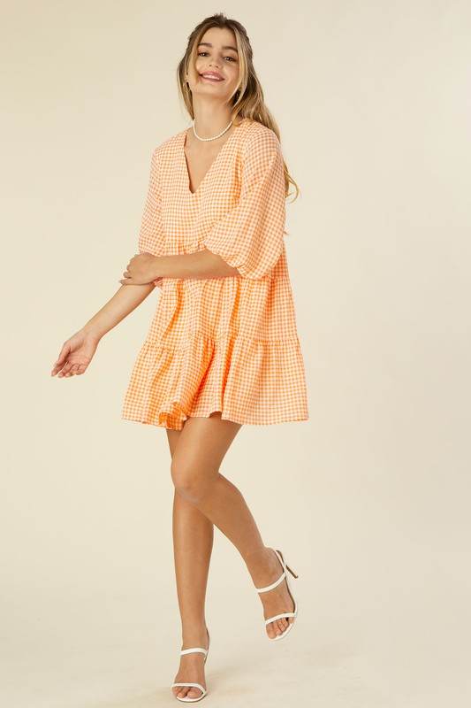 Lilou Gingham Checked Tiered Puff 3/4 Sleeves V-Neck Mini Dress - Rosa Apparel