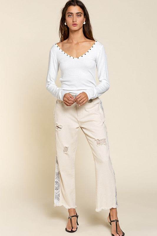 POL Studded Ribbed V-Neck Long Sleeves Top - Rosa Apparel
