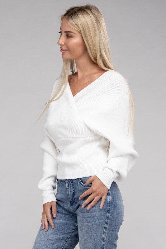 Zenana Viscose Cross Wrap V-Neck Pullover Sweater - Rosa Apparel